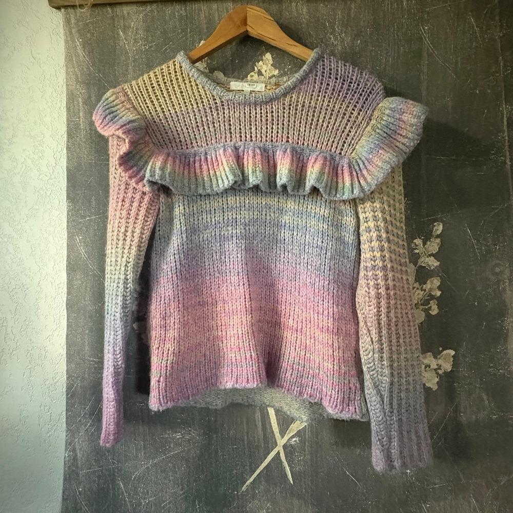 LoveShackFancy Yumi Pastel Rainbow Ruffle Space Dye Knit Sweater Pink Purple - Picture 11 of 13